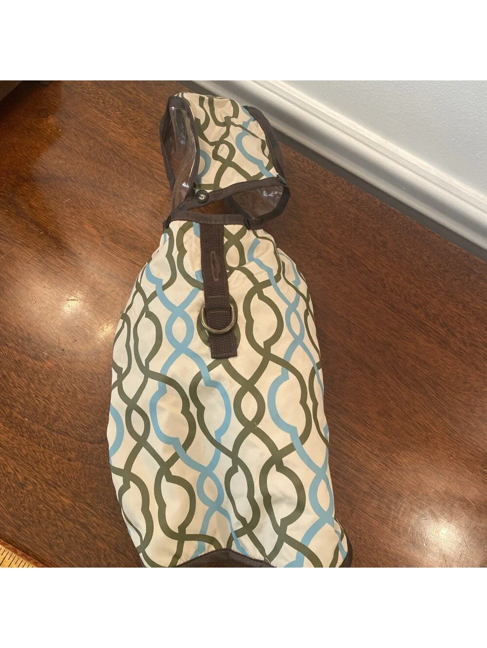 Little Dog Tan/Blue/Brown Raincoat With Protective Hood Size Small 11”
